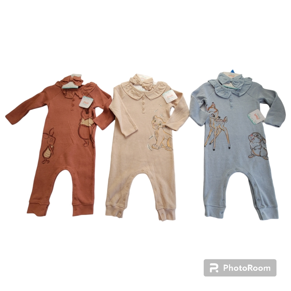 NWT X3 Disney Baby 24 Months Romper Hair Bow Set Bambi Pooh Piglet Simba Lion
